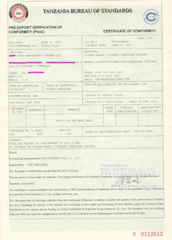 Tanzania PVOC Certification certificate from Foshan Yichuang Furniture Co., Ltd.