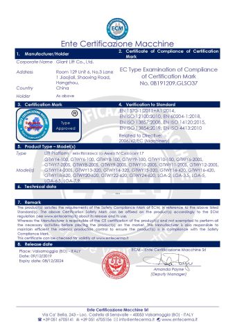 CE-GTWY certificate of Giant Lift Co., Ltd. – certificate photo, supplier certificates section