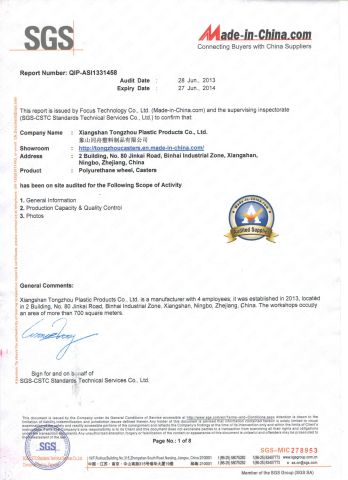 sgs certificate of Xiangshan Tongzhou Plastic Products Co., Ltd. – certificate photo, supplier certificates section