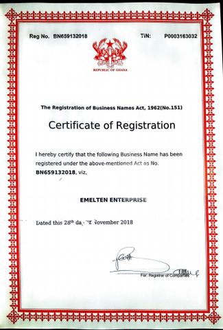 Certificate of Registration certificate from Emelten Enterprise