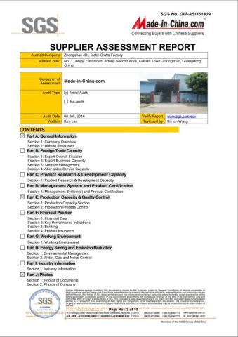SGS certificate from Zhongshan JDL Metal Crafts Co., Ltd.