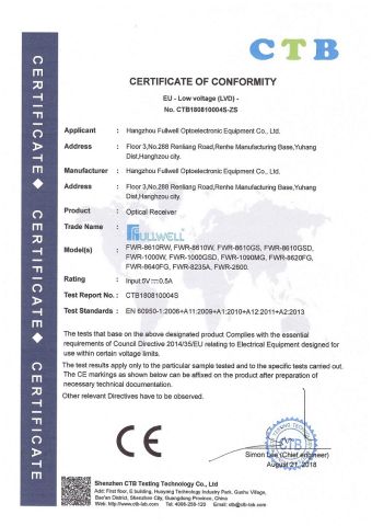 Optical Receiver CE-LVD certificate from Hangzhou Fullwell Optoelectronic Equipment Co., Ltd.