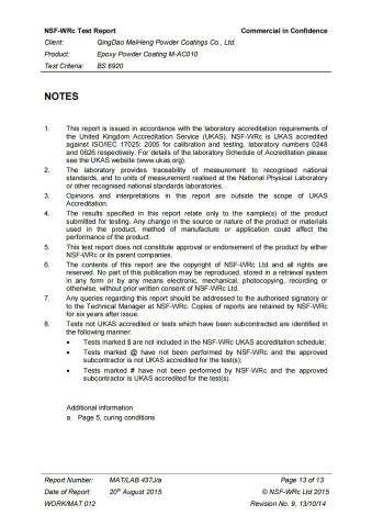 Gas test report certificate from Qingdao Sam Powder Coating Co., Ltd.