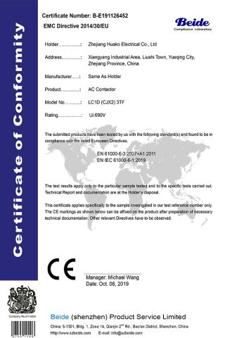J3TFCE certificate from Wenzhou Juhong Electric Co., Ltd.