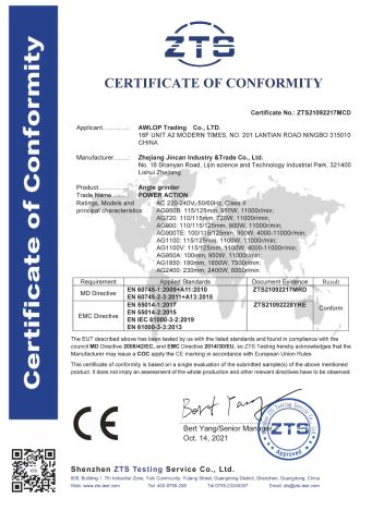 ZTS21092217MCD Angle Grinder CE_MD_EN 60745-2-3_Cer certificate of AWLOP TRADING CO., LTD. – certificate photo, supplier certificates section