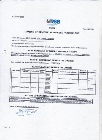 Form 1 certificate from Ubungane ventures Ltd