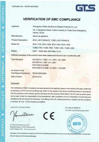 CE for furnace certificate from Zhengzhou Shibo Nonferrous Metals Products Co., Ltd.