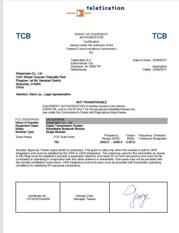 FCC certificate from Weeemake Steam Tech Co., Ltd.
