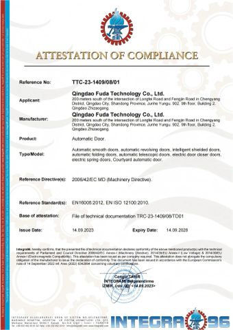 CE certificate from Atmaker (Qingdao) Automatic Door Co., Ltd.