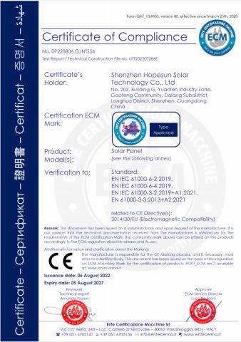 CE certificate from Shenzhen Hopesun Solar Technology Co., Ltd