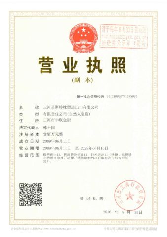 certificate certificate from Sanhe Bestrubber Import & Export Co., Ltd.