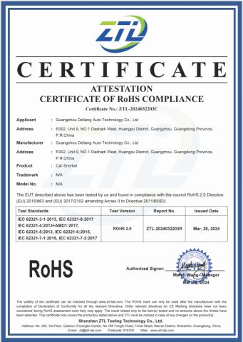 Rohs certificate certificate from Guangzhou Deliang Auto Accessory Co., Ltd.