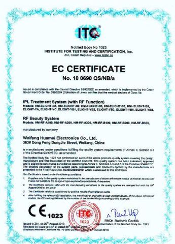 New Elight(IPL+RF) & RF CE Certificates certificate from Weifang Huamei Electronics Co., Ltd.