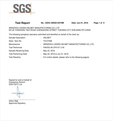 DOT TEST REFORT certificate from Wenzhou Leiden Helmet Manufacturing Co., Ltd.