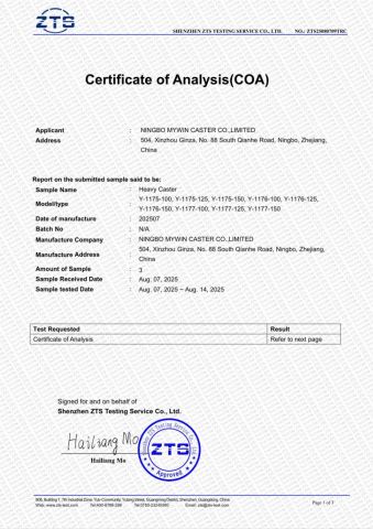 Product Inspection Report certificate from Ningbo Mywin Caster Co., Ltd.