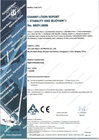 CE-RIB1040M certificate from Qingdao Aqualand Marine Co., Ltd