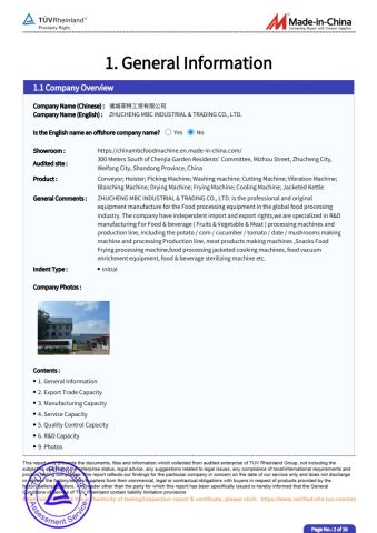 TUV certificate from ZHUCHENG MBC INDUSTRIAL & TRADING CO., LTD.