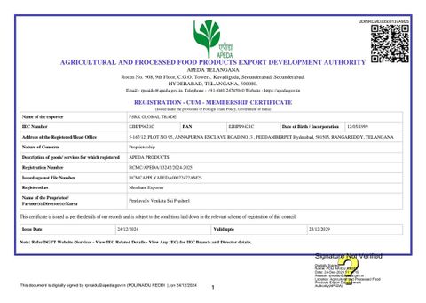 APEDA  certificate of PSRK GLOBAL TRADE – certificate photo, supplier certificates section