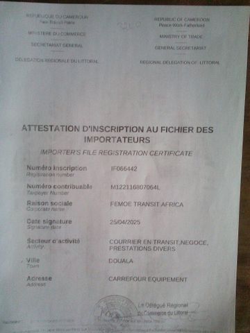 Licence d'exportation certificate from FEMOE TRANSIT AFRICA