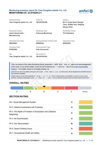 bsci0 certificate from Yiwu Fangzhen Plastic Co., Ltd.