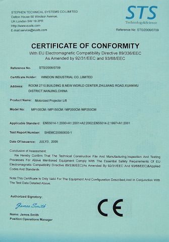 CE Certificate of Projector Lift certificate from Nanjing Windon Projection Screen Co., Ltd.