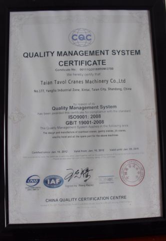 Tavol ISO9001 Certificate certificate from SHANDONG TAVOL MACHINERY CO., LTD.