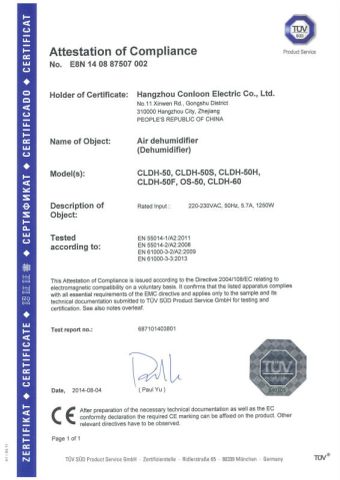 CE-TUV certificate of dehumidifier certificate from Hangzhou Conloon Electric Co., Ltd.