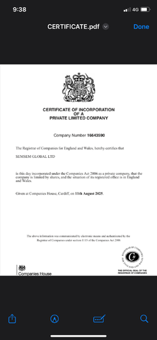 Companies hours of uk  certificate from Semsem global LTD 