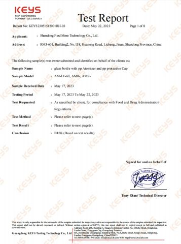 FDA for amber glass bottle, pump and plastic cap certificate of Shandong Find More Technology Co., Ltd. – certificate photo, supplier certificates section