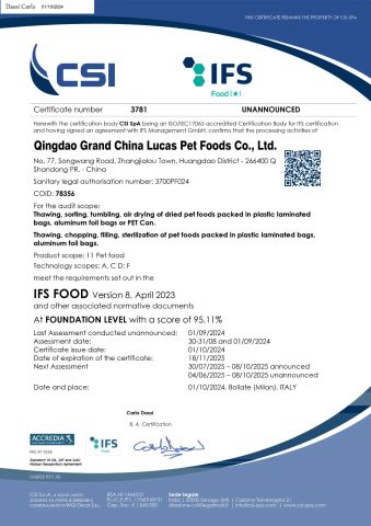 Certificates certificate from Qingdao Grand China Lucas Pet Foods Co., Ltd.