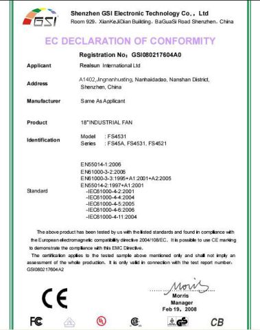 Ec Declaration of Conformity certificate from ZHONGSHAN DOUBLE CROWN ELECTRICAL APPLIANCE CO., LIMITED