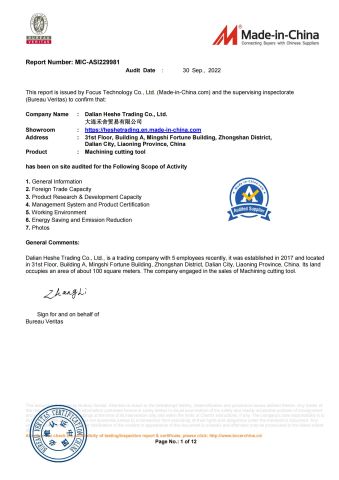 BV Certificate of Cutting Tool 1 certificate from Dalian Heshe Trading Co., Ltd.
