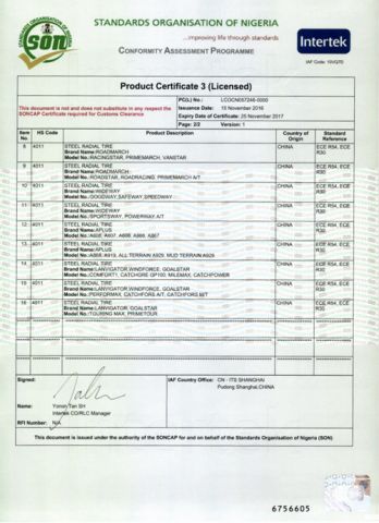 SONCAP certificate of Blackstone International Company Limited – certificate photo, supplier certificates section