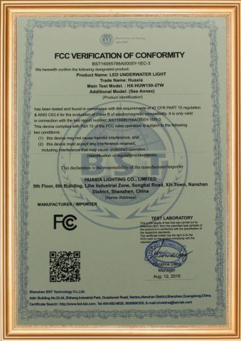 FCC-IP68-LED Underwater Light certificate from Shenzhen Huaxia Lighting Co., Limited