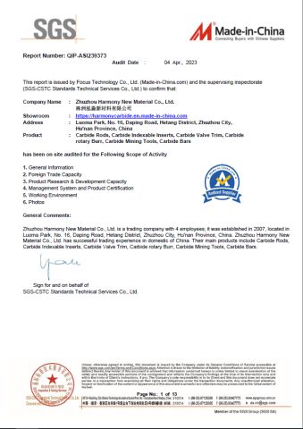 SGS AUDIT REPORT certificate from Zhuzhou Harmony New Material Co., Ltd.