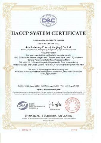 HACCP certificate from Shandong Jiafeng Import and Export Co., Ltd.