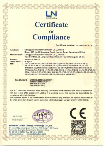 CE media converter certificate from Dongguan Phynam Comtech Co., Ltd.