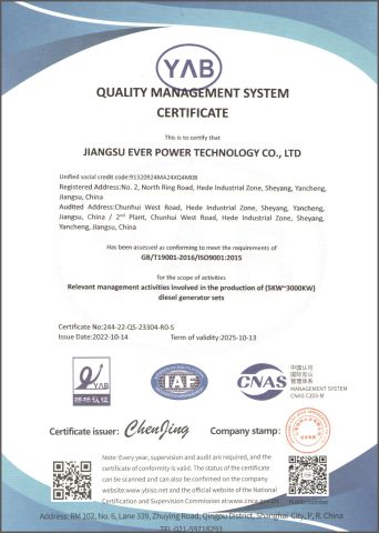 ISO9001:2015 certificate from Jiangsu Ever Power Technology Co., Ltd.