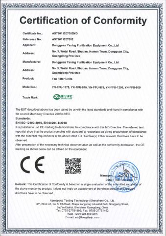CE FFU certificate from Dongguan Yaning Purification Equipment Co., Ltd