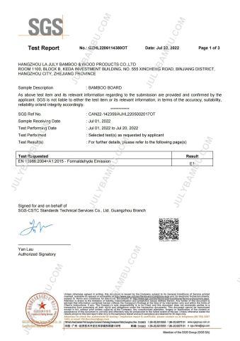 SGS Formaldehyde Release European Standard certificate of Hangzhou La July Bamboo & Wood Products Co., Ltd. – certificate photo, supplier certificates section