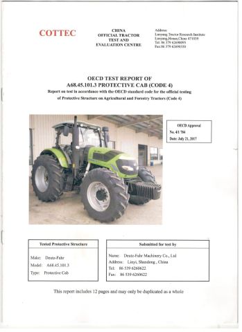 CD1604-1804 Cabin certificate from DEUTZ-FAHR MACHINERY CO., LTD.