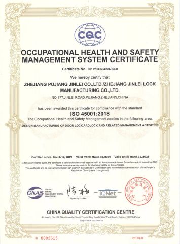 ISO45001:2018 certificate from ZHEJIANG PUJIANG JINLEI CO., LTD.