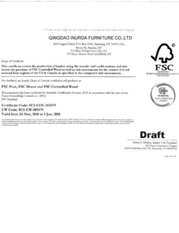 fsc certificate of Qingdao Inurda Furniture Co., Ltd. – certificate photo, supplier certificates section