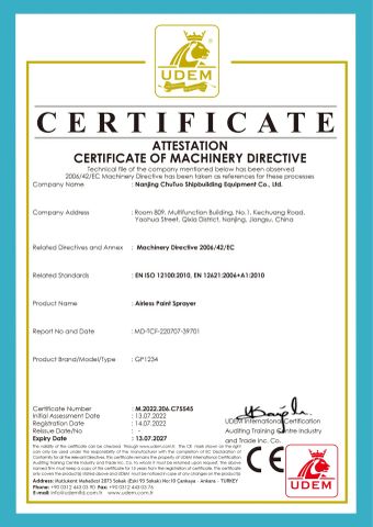 CE certificate from Nanjing Chutuo Shipbuilding Equipment Co., Ltd.