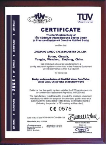 CE 0575 certificate from Vatac Valves Corp.