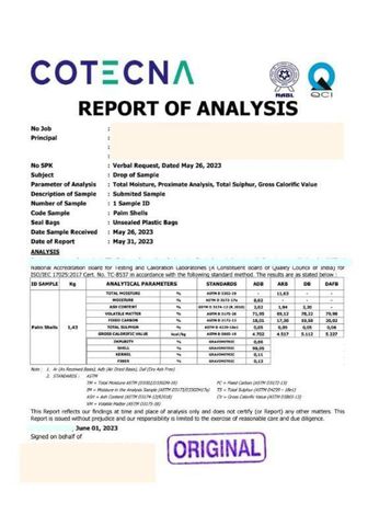 Cotecna Report Of Analysis (Palm Shell) certificate from Parvezius Globalindo Utama