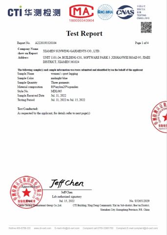 Product test report certificate from Xiamen Sunwing Garments Co., Ltd.