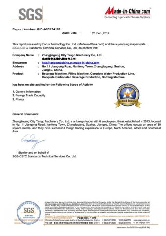 SGS certificate from Zhangjiagang City Tango Machinery Co., Ltd.
