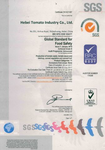 BRC certificate of Hebei Tomato Industry Co., Ltd. – certificate photo, supplier certificates section