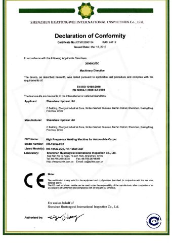 CE certificate for Car carpets welding machine certificate from DONGGUAN HIPOWER LTD